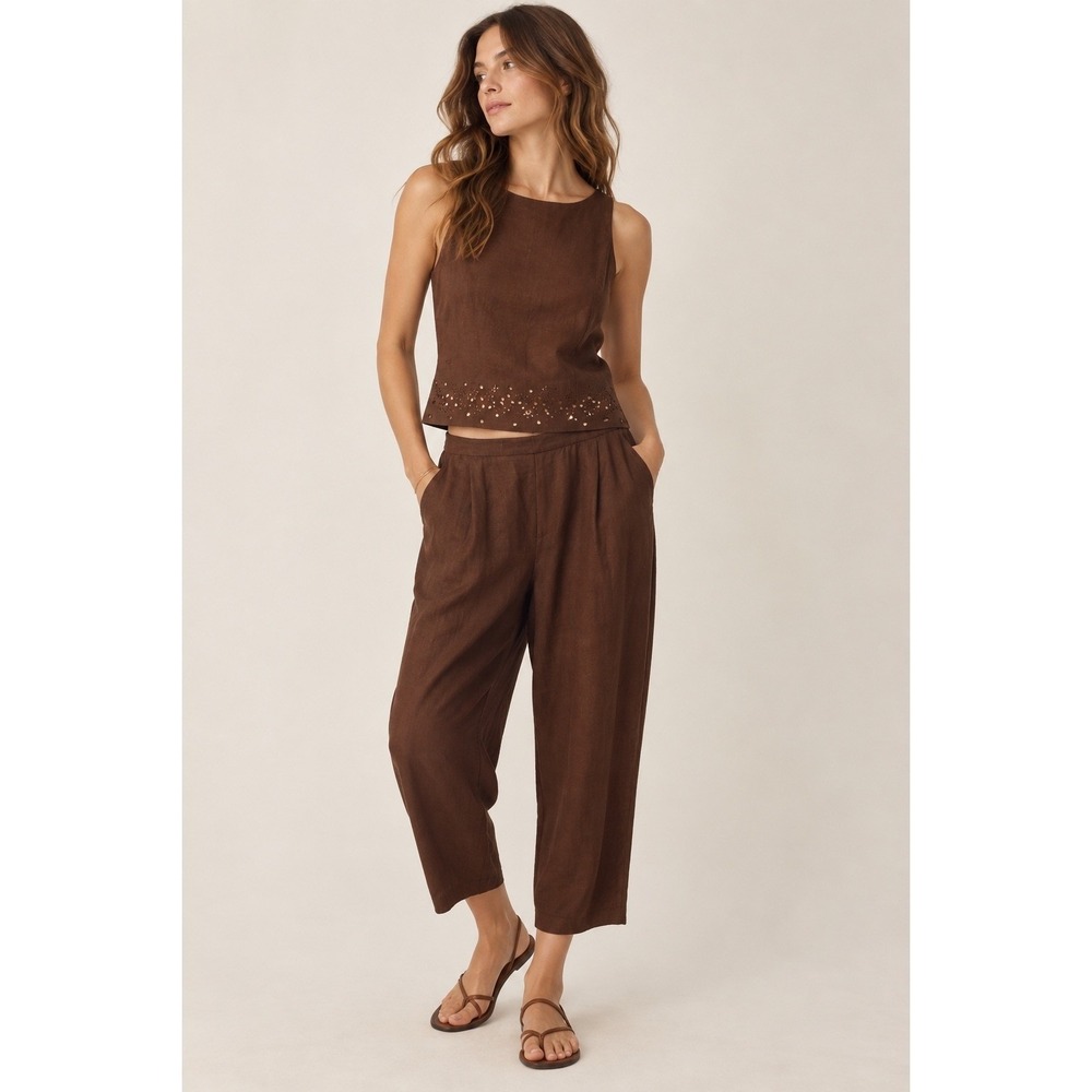 Positive Attitude Brown Linen Blend Set Beaded Top Petite Boho Lagenlook Earthy